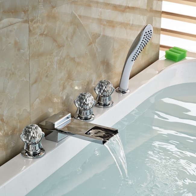 Crystal Handle Chrome Finish Waterfall Bathtub Faucet 